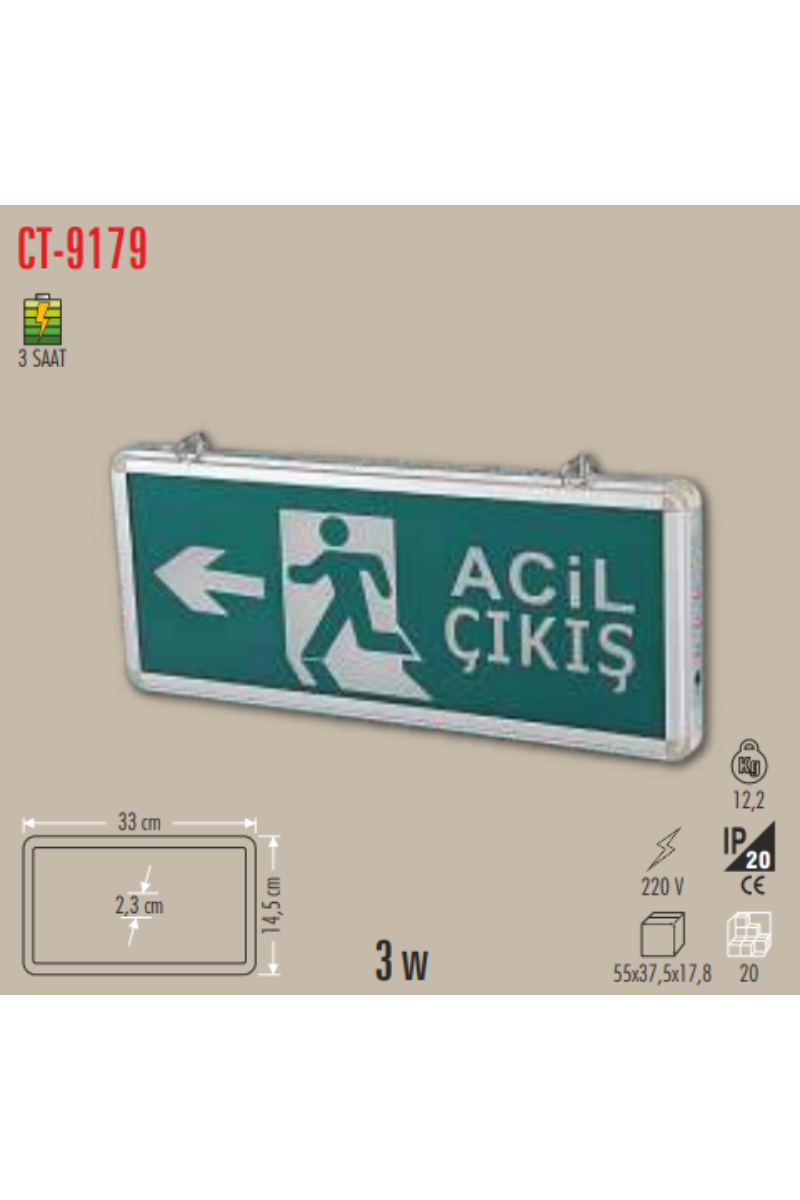 Cata 3W Exit Çıkış Armatürü Ledli 3 Saat Akülü