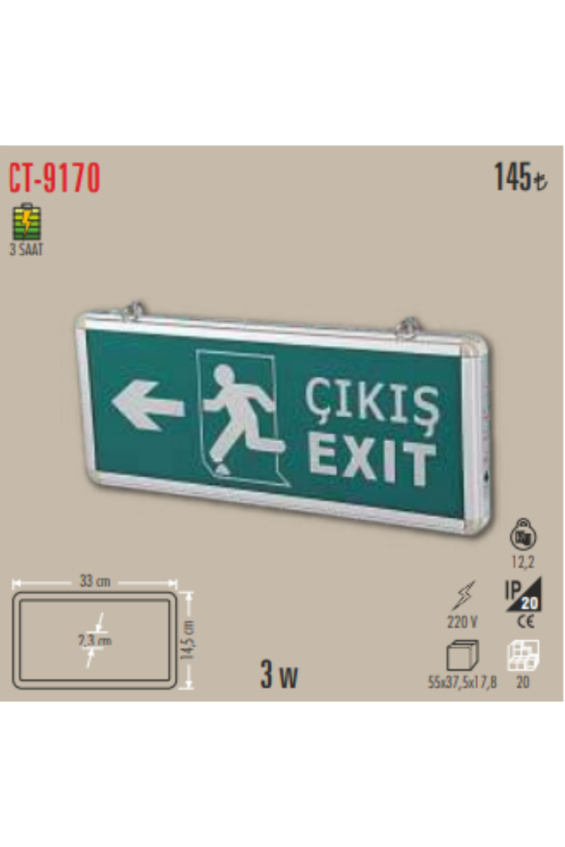 Cata 3W Exit Çıkış Armatürü Ledli 3 Saat Akülü CT-9170