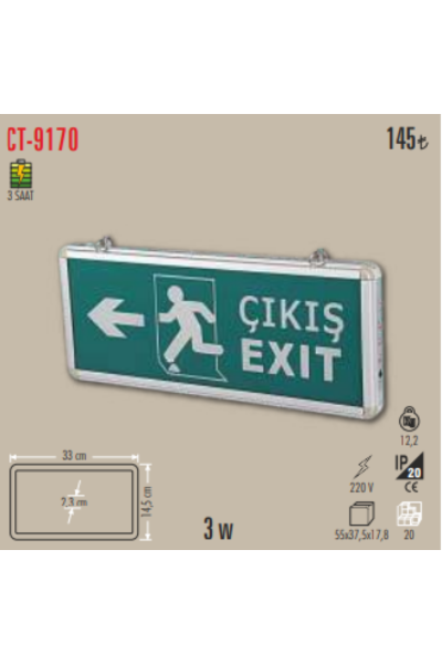 Cata 3W Exit Çıkış Armatürü Ledli 3 Saat Akülü CT-9170