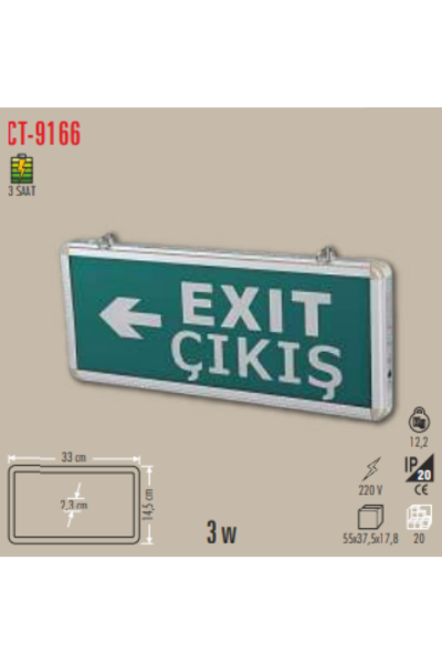 Cata Üç Saat Akülü Exit Ledli Acil Çıkış Armatürü CT-9166