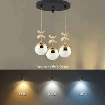 3lü Gold Modern Yıldız Toplu Led Avize 3 Renk Aydınlatma