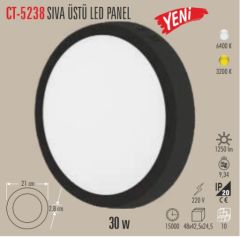 Cata 30W Sıva Üstü Yuvarlak Led Panel Siyah Kasa 6400K Beyaz CT-5238B