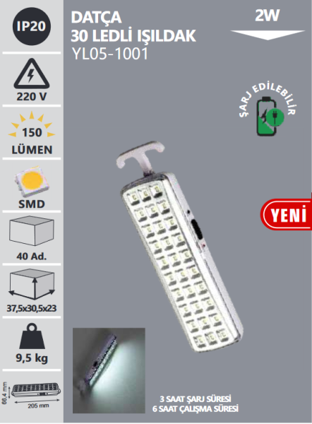 Noas 2W Şarj Edilebilir Datça 30 Ledli Işıldak YL05-1001