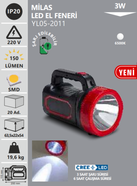 Noas Şarj Edilebilir 3W Milas Led El Feneri YL05-2011