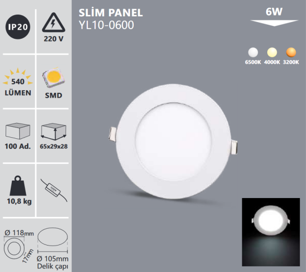 Noas 6W Sıva Altı Yuvarlak Slim Led Panel 6500K YL10-0600