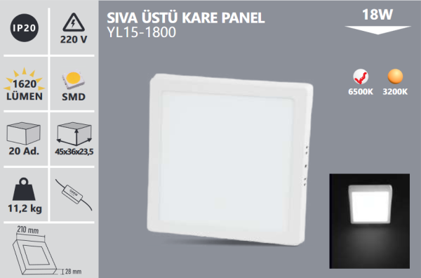 Noas 18W 21cm Sıva Üstü Kare Led Panel 6500K YL15-1800