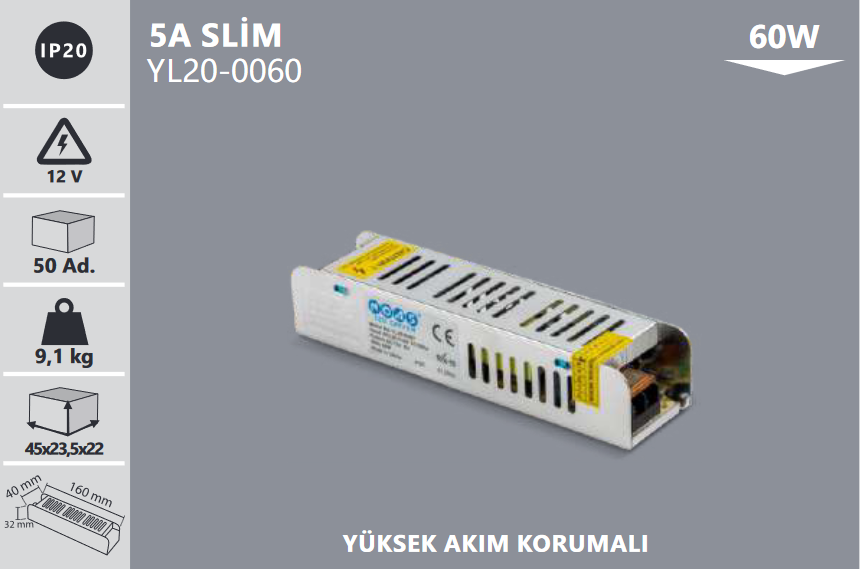 Noas 12 Volt 5 Amper Slim Şerit Led Trafosu YL25-0250