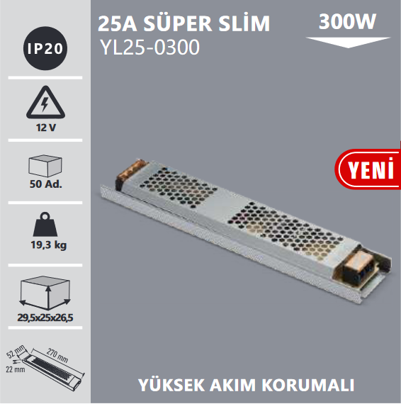 Noas 12 Volt 25 Amper Slim Şerit Led Trafosu YL25-0300