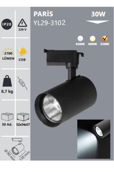 Noas 30W Siyah Kasa Ray Spot Günışığı Paris YL29-3102