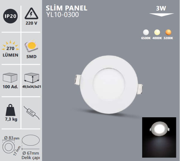 Noas 3W Sıva Altı Yuvarlak Led  Slim Panel Beyaz YL10-0300