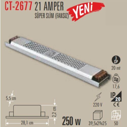 Cata 21 Amper Şerit Led Trafosu 250W Süper Slim Fansız