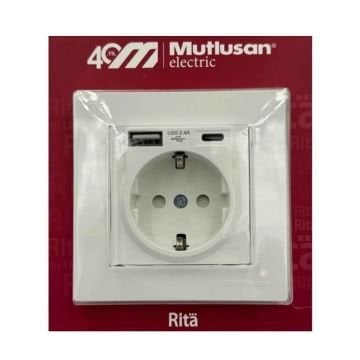 Mutlusan Rita USB +TYPE-C'li  Topraklı Priz Beyaz Çerçeveli