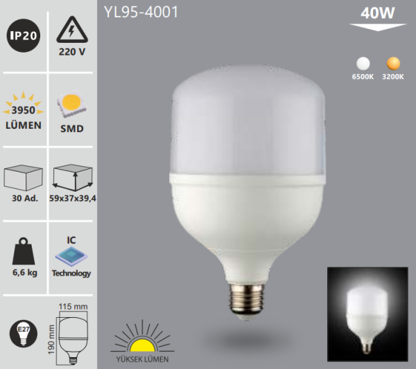 Noas 40W 6500K Beyaz Işık Led Torch Ampul YL95-4001