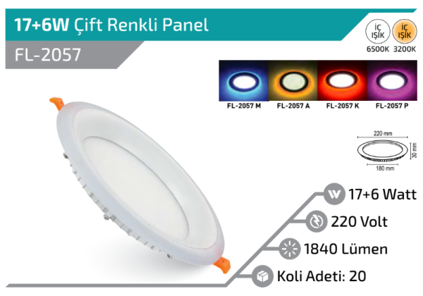 Forlife 17+6 Watt Çift Renkli 6500K+MAVİ Sıva Altı Yuvarlak Led Panel