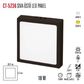 Cata CT-5236 18W Siyah Kasa Sıva Üstü Kare 21x21 Led Panel