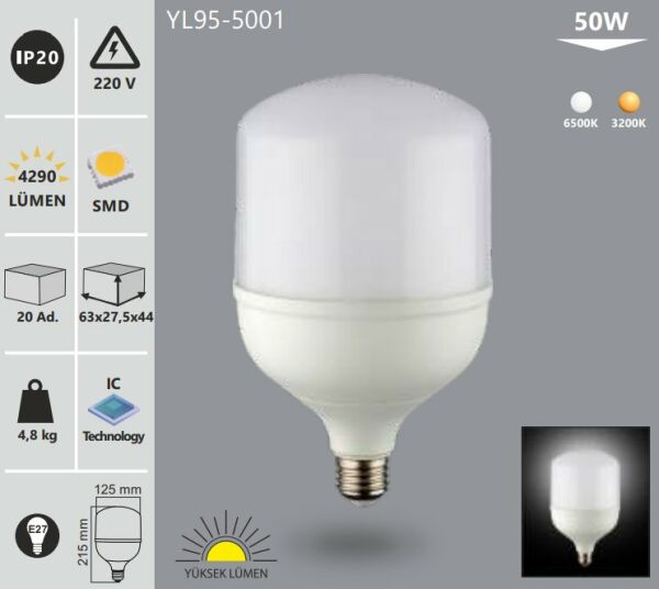Noas 50W 6500K Beyaz Işık Led Torch Ampul YL95 5001